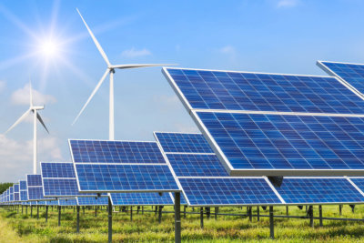 Solar cells and wind turbines generating electricity